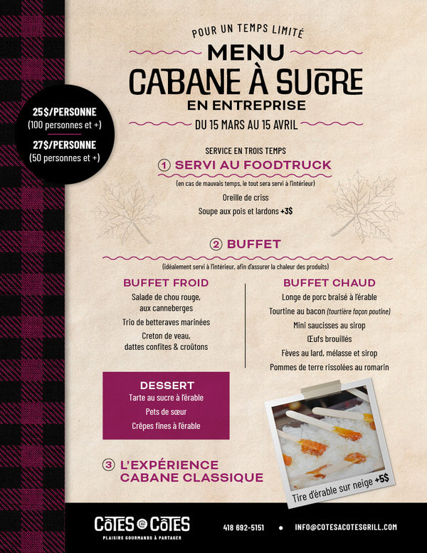 Cabane à sucre mobile pour 50 personnes et + (27$/personne)